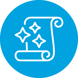 Flood Myths Icon - Cyan circle with white scroll and sparklies icon inside