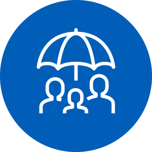 Flood Insurance Icon - Blue circle with white umbrella and people icon inside