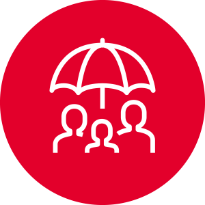 Wildfire Insurance Icon - Red circle with white umbrella and people icon inside