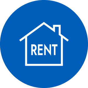 Renters Guide to Flood Insurance Icon - Blue circle with white house and word RENT inside