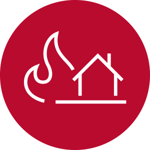 After a Wildfire Icon - Maroon circle with white house and flame icon inside