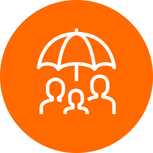 Protect Yourself Icon - Orange circle with white umbrella and people icon inside