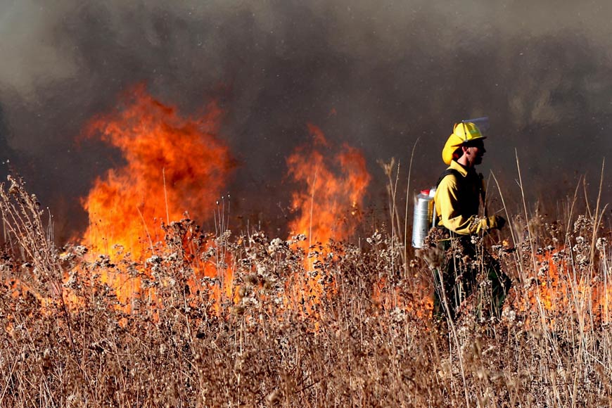 Photo of a firefighter in a burning field