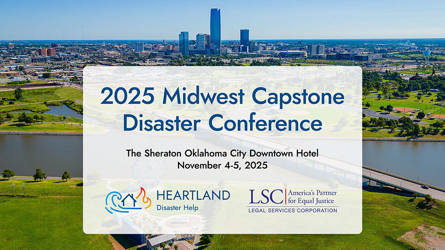 Graphic showing blue and black sans-serif type with Heartland and Legal Services Corporation logos over white transparent box and photo of Oklahoma City in background