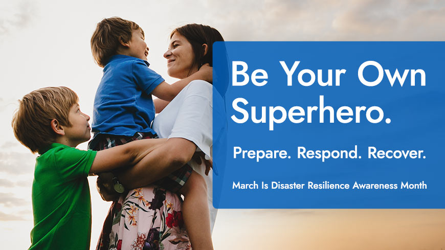 Photo of a happy woman with her two sons against a sunset with blue overlaying box and white sans-serif type