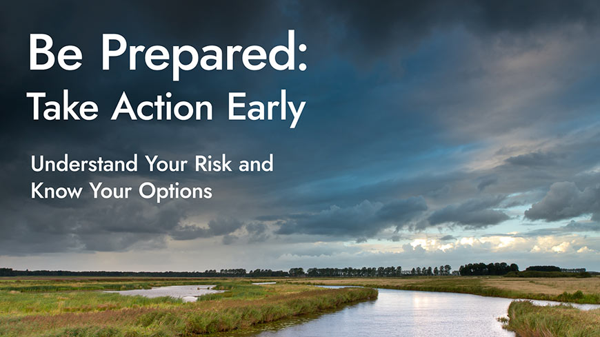 Photo of a water inlet just before a storm with overlaying white sans-serif type